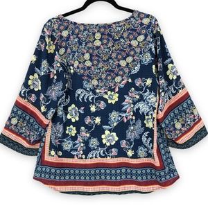Figueroa & Flowers Tunic Top Womens Large Blue Multi Floral  Bandana Boho Hippie